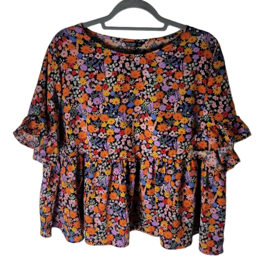 SHEIN curve women's 3XL ditsy floral peplum top ruffle sleeve multicolor boho